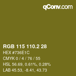 カラーコード: RGB 115 110.2 28 | qconv.com