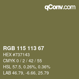 Color code: RGB 115 113 67 | qconv.com