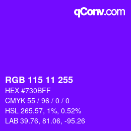 Color code: RGB 115 11 255 | qconv.com