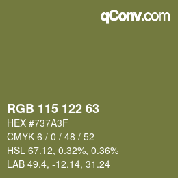 Color code: RGB 115 122 63 | qconv.com