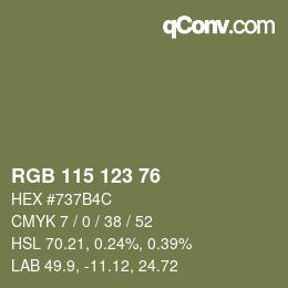 Color code: RGB 115 123 76 | qconv.com