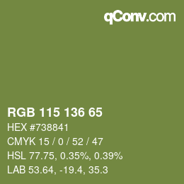 Color code: RGB 115 136 65 | qconv.com