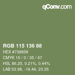 Color code: RGB 115 136 88 | qconv.com