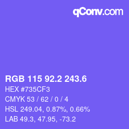 カラーコード: RGB 115 92.2 243.6 | qconv.com