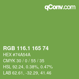 カラーコード: RGB 116.1 165 74 | qconv.com