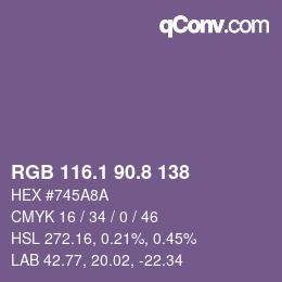 カラーコード: RGB 116.1 90.8 138 | qconv.com