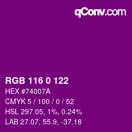 Farbcode: RGB 116 0 122 | qconv.com