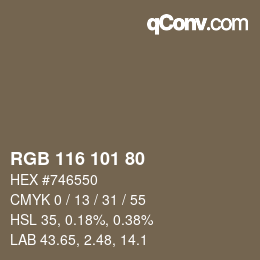 Color code: RGB 116 101 80 | qconv.com