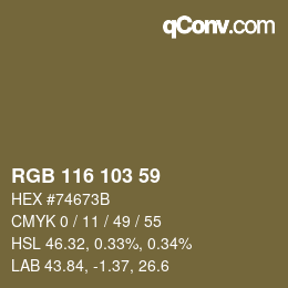 Color code: RGB 116 103 59 | qconv.com