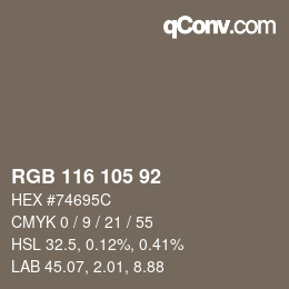 Color code: RGB 116 105 92 | qconv.com