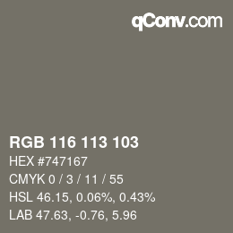 Color code: RGB 116 113 103 | qconv.com