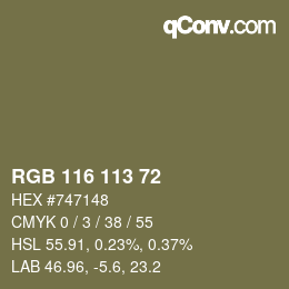 Color code: RGB 116 113 72 | qconv.com