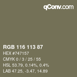 Color code: RGB 116 113 87 | qconv.com