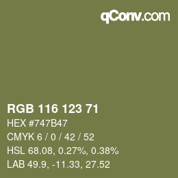 Color code: RGB 116 123 71 | qconv.com