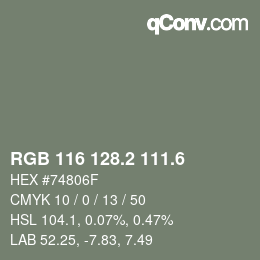 カラーコード: RGB 116 128.2 111.6 | qconv.com