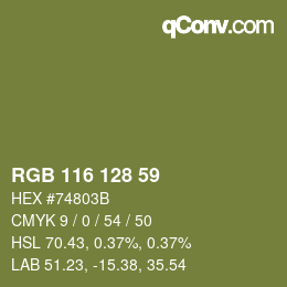 Color code: RGB 116 128 59 | qconv.com