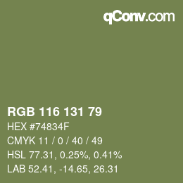 Color code: RGB 116 131 79 | qconv.com