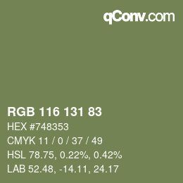 Color code: RGB 116 131 83 | qconv.com