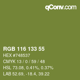 Color code: RGB 116 133 55 | qconv.com