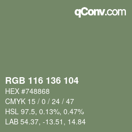 Color code: RGB 116 136 104 | qconv.com