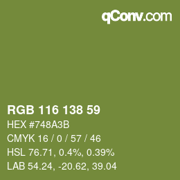 Color code: RGB 116 138 59 | qconv.com