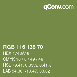 Color code: RGB 116 138 70 | qconv.com