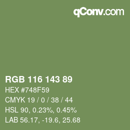 Color code: RGB 116 143 89 | qconv.com