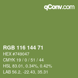 Color code: RGB 116 144 71 | qconv.com