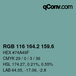 カラーコード: RGB 116 164.2 159.6 | qconv.com