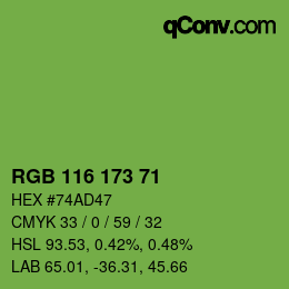 Color code: RGB 116 173 71 | qconv.com