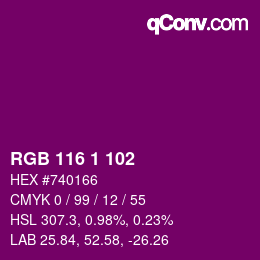 Color code: RGB 116 1 102 | qconv.com