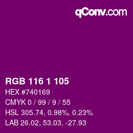 Farbcode: RGB 116 1 105 | qconv.com