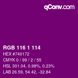 カラーコード: RGB 116 1 114 | qconv.com
