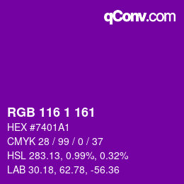 Color code: RGB 116 1 161 | qconv.com