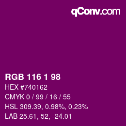 カラーコード: RGB 116 1 98 | qconv.com