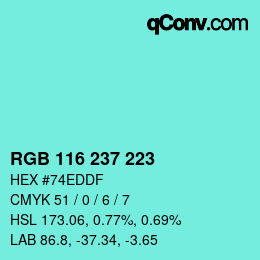 Color code: RGB 116 237 223 | qconv.com