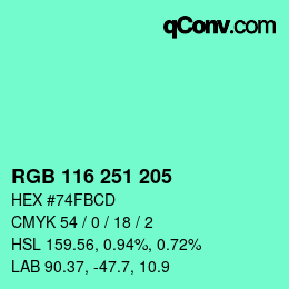 カラーコード: RGB 116 251 205 | qconv.com