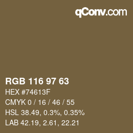 Color code: RGB 116 97 63 | qconv.com