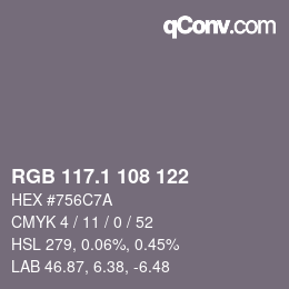 カラーコード: RGB 117.1 108 122 | qconv.com
