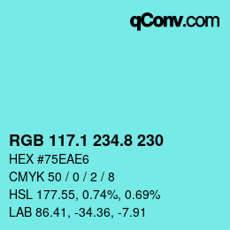 Color code: RGB 117.1 234.8 230 | qconv.com