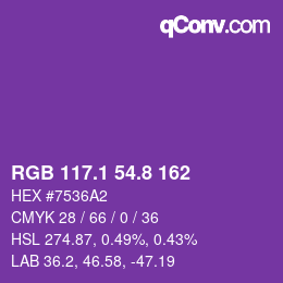 カラーコード: RGB 117.1 54.8 162 | qconv.com