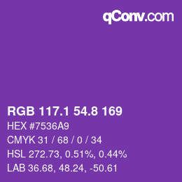カラーコード: RGB 117.1 54.8 169 | qconv.com
