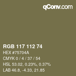 Color code: RGB 117 112 74 | qconv.com