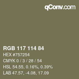 Color code: RGB 117 114 84 | qconv.com