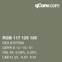 Color code: RGB 117 125 105 | qconv.com