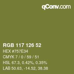 Color code: RGB 117 126 52 | qconv.com