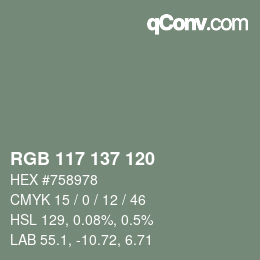 Color code: RGB 117 137 120 | qconv.com