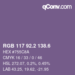 カラーコード: RGB 117 92.2 138.6 | qconv.com