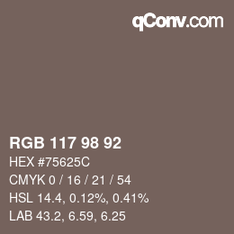 Color code: RGB 117 98 92 | qconv.com