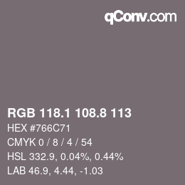 Color code: RGB 118.1 108.8 113 | qconv.com